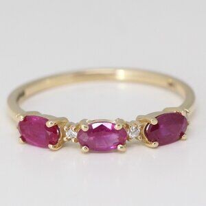 14K Yellow Gold Oval Natural Mined Ruby & Diamond 3 Center Stone Ring Sz 7